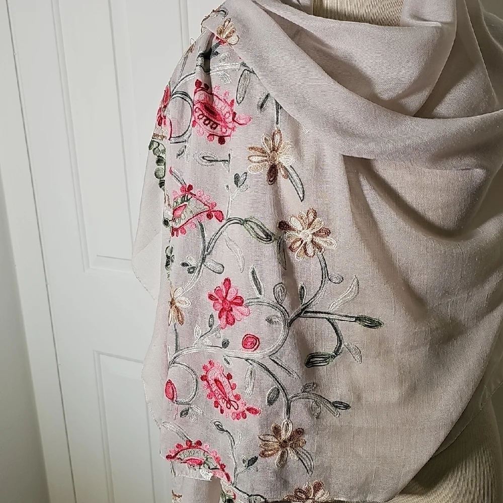 Floral Embroidered Scarf - Pink and Green. Size Is 27 X 74. Good‎ Used Condition